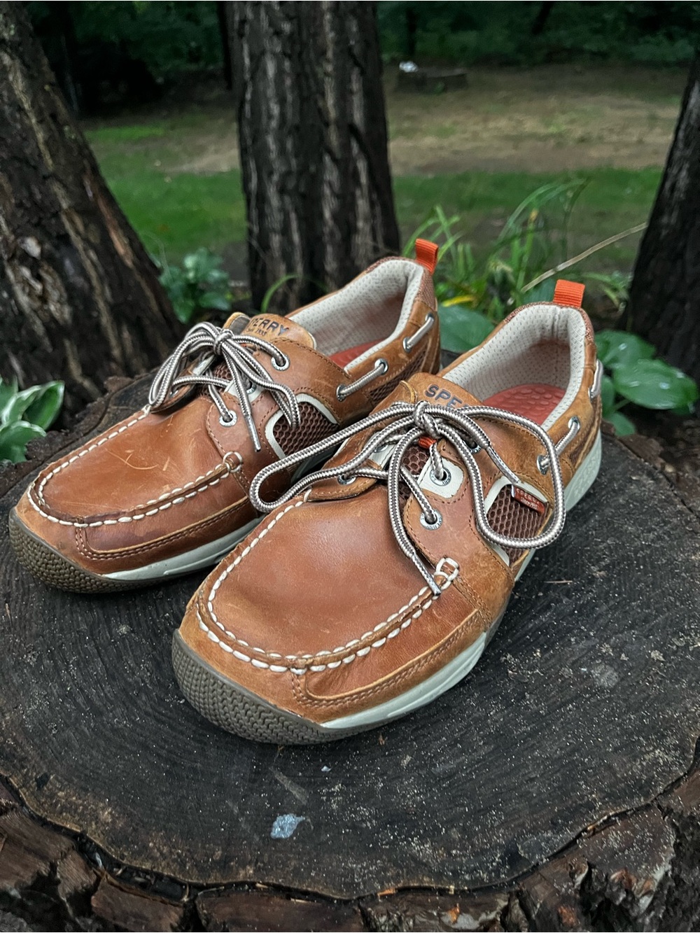 Sperry Men's Tan/Brown Leather Boat Shoes with Orange Heel Tabs
